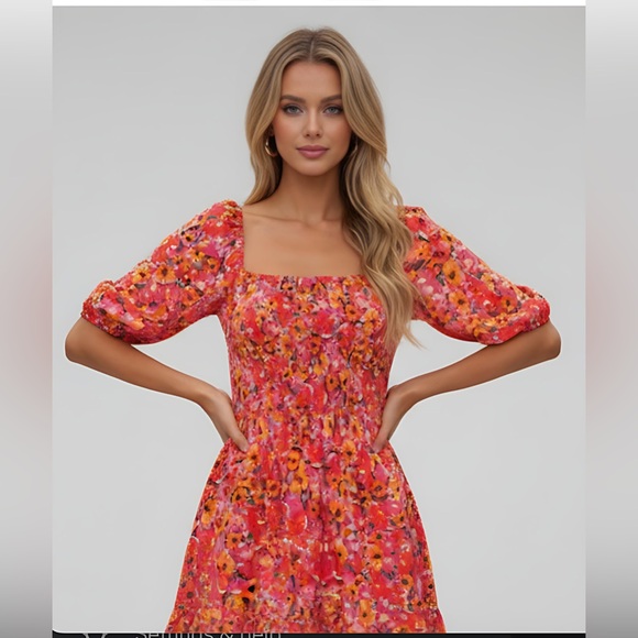 Shirred Floral Print Square Neck Puff Sleeve Dress - Picture 3 of 7